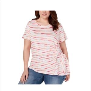 NEW Style & Co Plus Size Tee Shirt Side Tie Top Coral Stripes Short Sleeves 2X